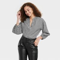 Womens Long Sleeve Gingham Popover Top