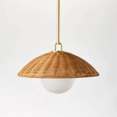 Wicker Dome Pendant with Opal Glass Ball Ceiling Light Brown - Threshold designed with Studio McGee: Rattan Chandelier, ETL Listed