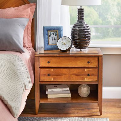 Monty Nightstand Oak - Lifestorey: Modern Bedside Table with Storage, Acacia Wood Veneer, Metal Glides