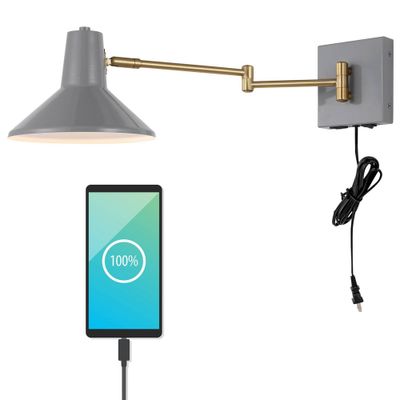 16 1-Light Hygge Swing Arm Mid-Century Iron USB Charging Port Sconce Gray/Brass - JONATHAN Y