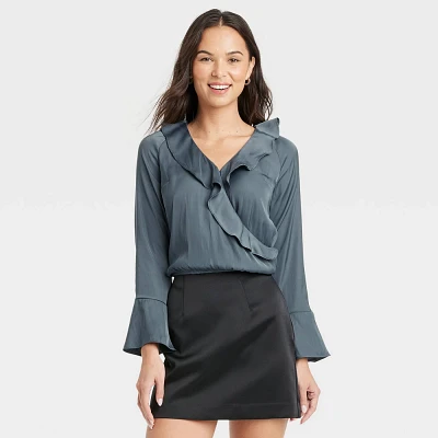 Women Flounce Long Sleeve V-Neck Ruffle Wrap Bloue