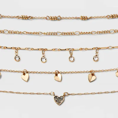 Embellished Heart Chain Choker Necklace Set 5pc - Wild Fable Gold