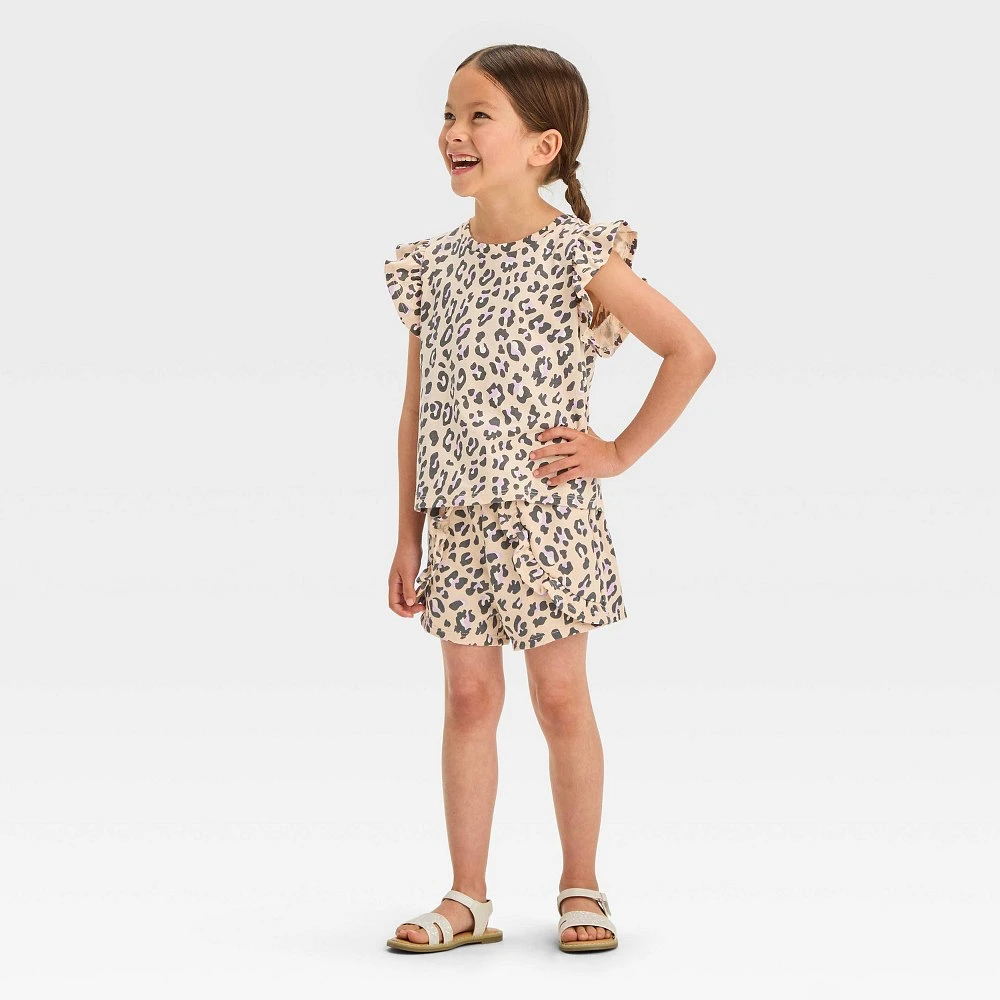 Grayson Mini Toddler Girls Flutter Sleeve Leopard Printed & French Terry Shorts Set