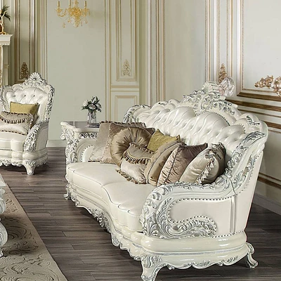 90 Adara Sofa White Synthetic Leather and Antique White Finish - Acme Furniture: Luxurious Nailhead Trim, Wood Frame, 7 Pillows Included