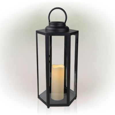 18 Hexagonal Candlelit Iron Lantern with LED Lights Black/Warm White - Alpine Corporation