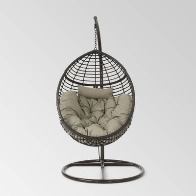 Layla Wicker Hanging Basket Chair Khaki - Christopher Knight Home: Outdoor Swing with Cushion & Steel Stand