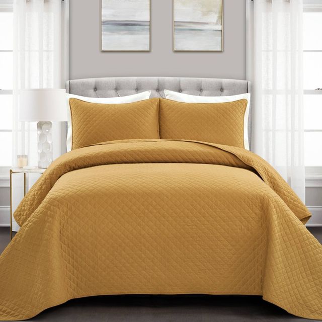 3pc Full/Queen Ava Diamond Oversized Quilt Set Mustard Yellow - Lush Dcor