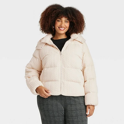 Womens Hooded Cable Puffer Jacket