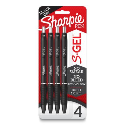 Sharpie S-Gel 4pk Gel Pens 1.0mm Medium Tip Black: Retractable, Contoured Rubber Grip, Pocket Clip, Bold Point