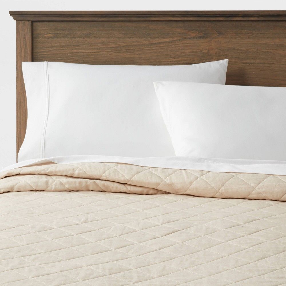 King Diamond Stitch Cotton Linen Quilt Khaki - Threshold: OEKO-TEX Certified, Midweight Coverlet