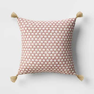 Block Print Square Throw Pillow Purple - Threshold: Cotton-Linen Blend, Floral Pattern with Tassels