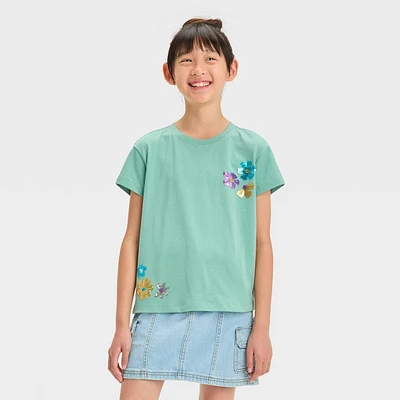 Girl Flower Flip Sequin Short Sleeve T-Shirt