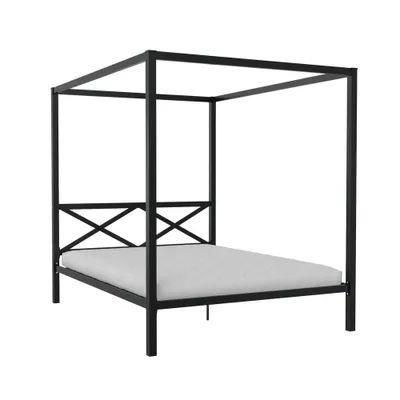 Queen Dax Metal Canopy Bed Black - Room & Joy: Sturdy Steel, No Box Spring Needed