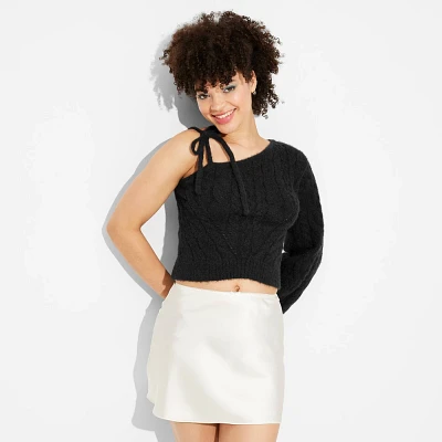 Women One Shoulder Tie Cable Pullover Sweater