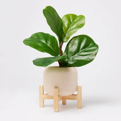 11.5 Faux Fiddle Leaf Plant with Stone Pot and Wooden Stand - Threshold