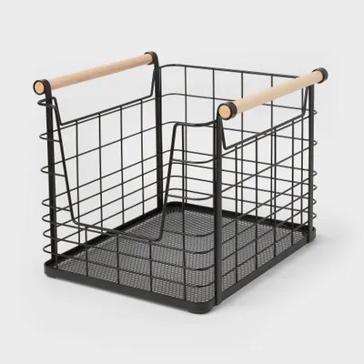 Wire Open Front Basket Black with Natural Wood Handles - Brightroom