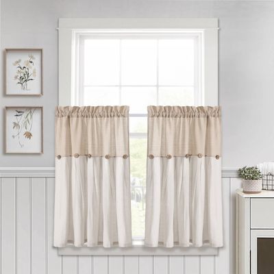 Set of 2 (36x29) Farmhouse Linen Button Kitchen Curtain Tiers Beige - Lush Dcor