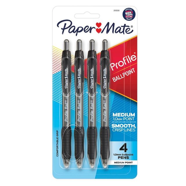 Paper Mate Profile 4pk Ballpoint Pens 1.0mm Medium Tip : Retractable Ink Pens with Contoured Grip & Pocket Clip