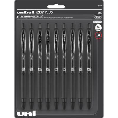 uniball 6pk 207 Plus+ Retractable Gel Pens + 3 Bonus Click Top Pens 0.7mm Black Ink