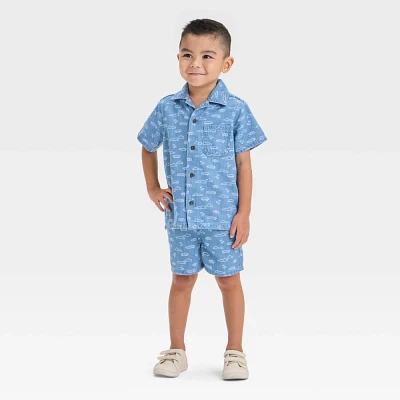 Toddler Boys Short Sleeve Denim Button-Down Shirt and Pull-On Shorts Set