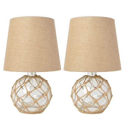 Elegant Designs (Set of 2) 14.75 Buoy Rope Nautical Netted Coastal Ocean Sea Glass Table Lamps Clear with Burlap Fabric Shades