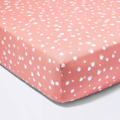 Fitted Crib Sheet Dino-snore Footprint - Coral Red - Cloud Island