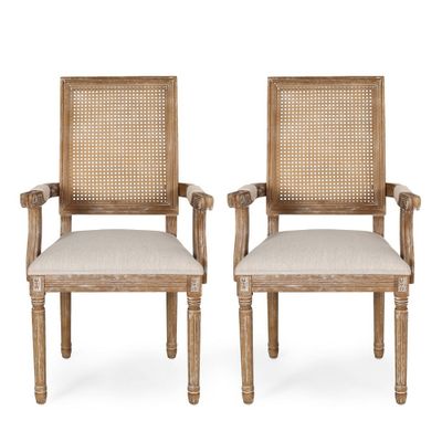 Set of 2 Maria French Country Wood & Cane Dining Chairs with Arms