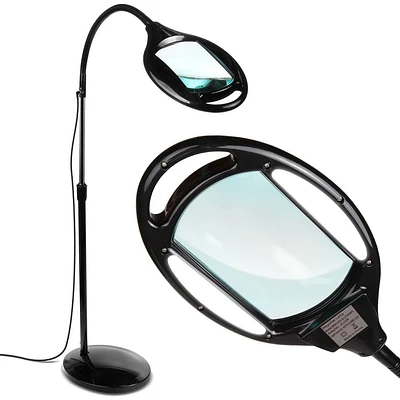 Brightech Lightview Pro Industrial Integrated LED Gooseneck 5-Diopter 2.25% Lighted Magnifier Arc Floor Lamp Polished Black