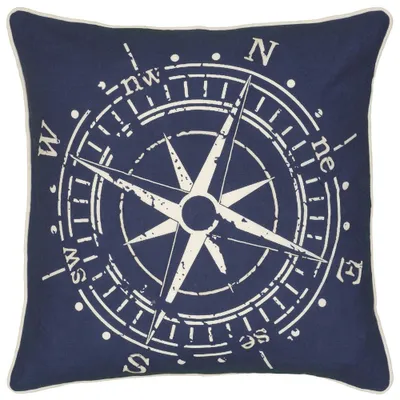 18x18 Square Throw Pillow Cover Navy Blue - Rizzy Home: Compass Pattern, Cotton Canvas, Zipper Closure