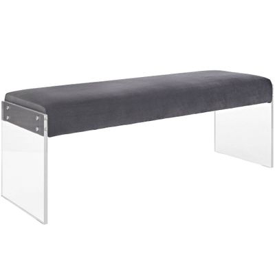 Roam Velvet Bench Gray - Modway: Acrylic Legs, Stain-Resistant, Minimalist Design, 440lb Capacity