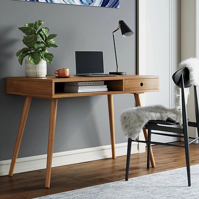 Nathan James Parker Mid-Century Desk with Drawer Acacia Light Brown: MDF Top, Solid Wood Legs, Home Office Furniture