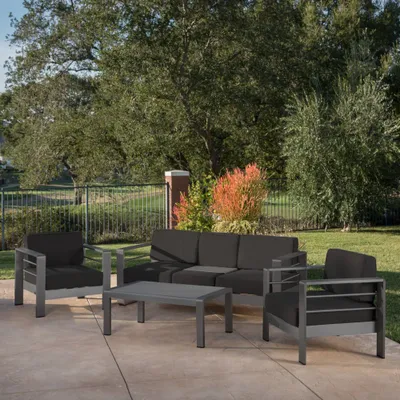 Cape Coral 4pc Aluminum Sofa Chat Set - Gray/Dark Gray - Christopher Knight Home: Outdoor Seating with Coffee Table