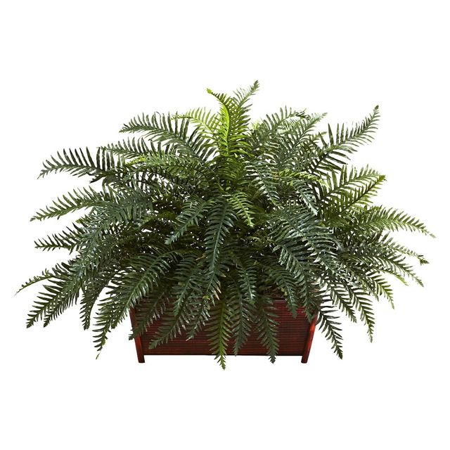 Nearly Natural River Fern with Wood Planter: Indoor Faux Greenery, Rectangle Plant Display