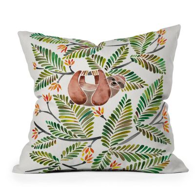 Cat Coquillette Happy Sloth Tropical Rainforest Outdoor Throw Pillow Green