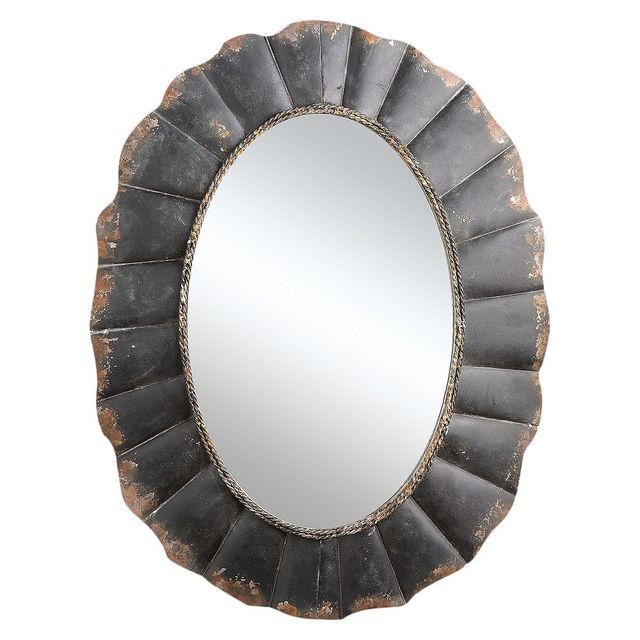 23.5 x 31 Oval Mirror with Scalloped Metal Frame Distressed Black - Storied Home