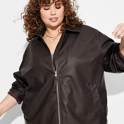 Womens Faux Leather Oversized Bomber Jacket