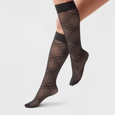 Womens Deco Plaid Sheer Fashion Knee Highs - A New Day Black One Size Fits Most