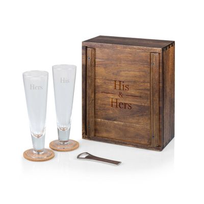 Picnic Time 7pc His and Hers Pilsner Beer Glass Set: Stainless Steel & Glass, Coasters, Storage Box, Bottle Opener