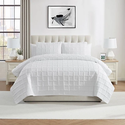 VCNY 3pc Full/Queen Square Pinsonic Quilt Set White: Hypoallergenic Microfiber Coverlet with Shams