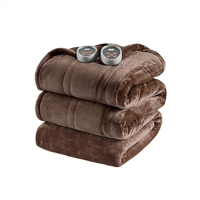 Beautyrest Queen Electric Heated Microlight to Berber Bed Blanket Chocolate: Plush Polyester, Machine Washable