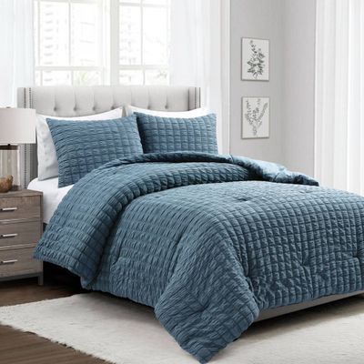 3pc Full/Queen Crinkle Textured Dobby Comforter & Sham Set Blue - Lush Dcor: Microfiber, Machine Washable, 200 Thread Count