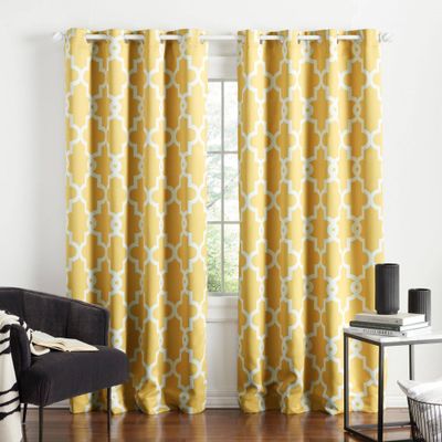 Set of 2 96x52 Ironwork Sateen Woven Room Darkening Window Curtain Panel Yellow - Exclusive Home: Geometric Pattern, Thermal Insulated