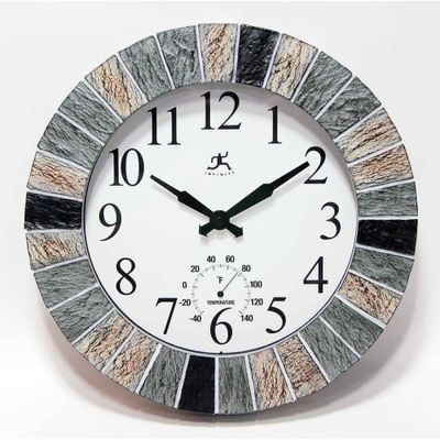 13 Faux Stone Mosaic Indoor/Outdoor Wall Clock - Infinity Instruments: Polyresin, Analog Display, Thermometer