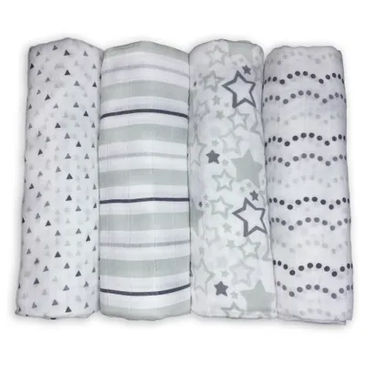 SwaddleDesigns Cotton Muslin Swaddle Blankets - Starshine Shimmer - 4pk - Sterling Gray