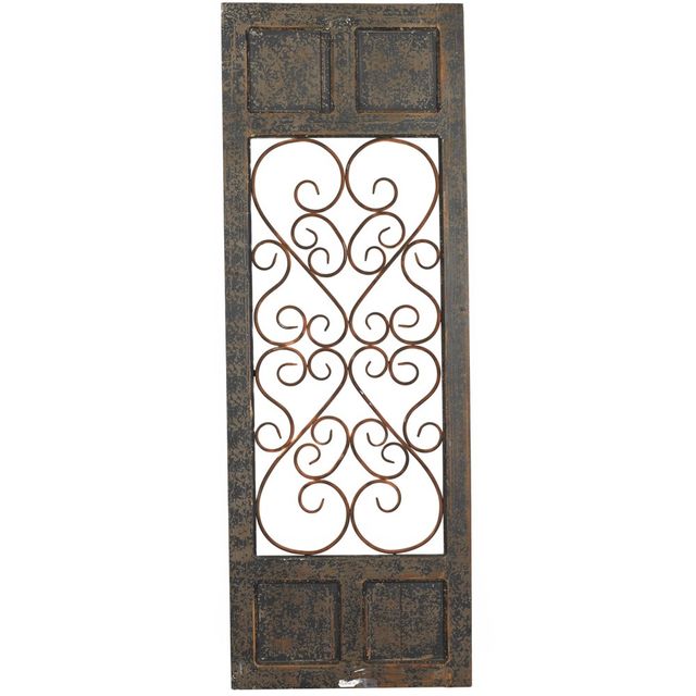 Olivia & May Traditional Wood Scroll Window Inspired Wall Decor with Metal Scrollwork Relief Brown: Vertical Iron Frame, Carved Art Object