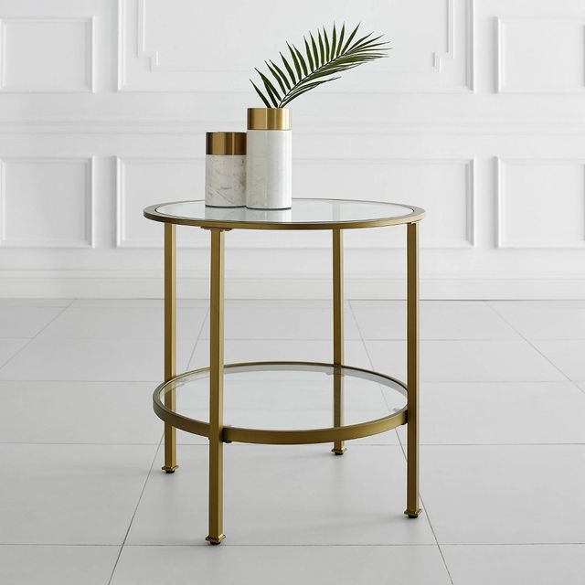 Crosley Aimee End Table  : Modern Round Glass Side Table, Powder-Coated Steel Frame, Fixed Shelf