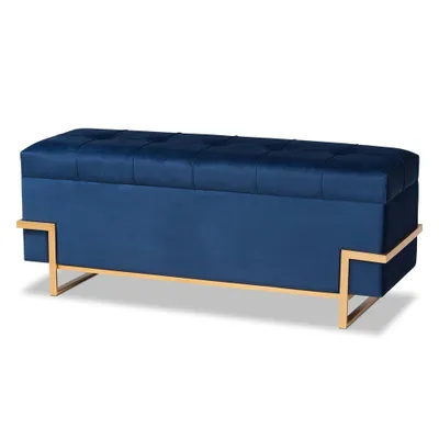 Parker Velvet Upholstered and Metal Storage Ottoman Blue/Gold - Baxton Studio: Rectangular Bench with Bow Pattern