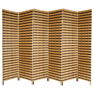 Two-Tone Natural Fiber Room Divider - Oriental Furniture: 6-Panel Folding Privacy Screen, Basket Weave Design