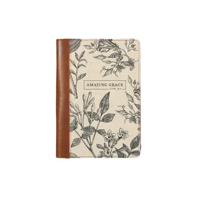 Christian Art Gifts Scripture Journal Brown/Cream Floral Printed Amazing Grace 2 Cor. 12:9 Bible Verse Inspirational Faux Leather Notebook, Zipper