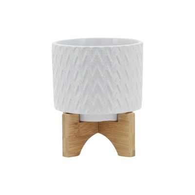 Sagebrook Home 5 Wide Chevron Pattern Ceramic Planter Pot with Wooden Stand White: Succulent, Terrarium, No Drainage Hole, Indoor/Outdoor Use